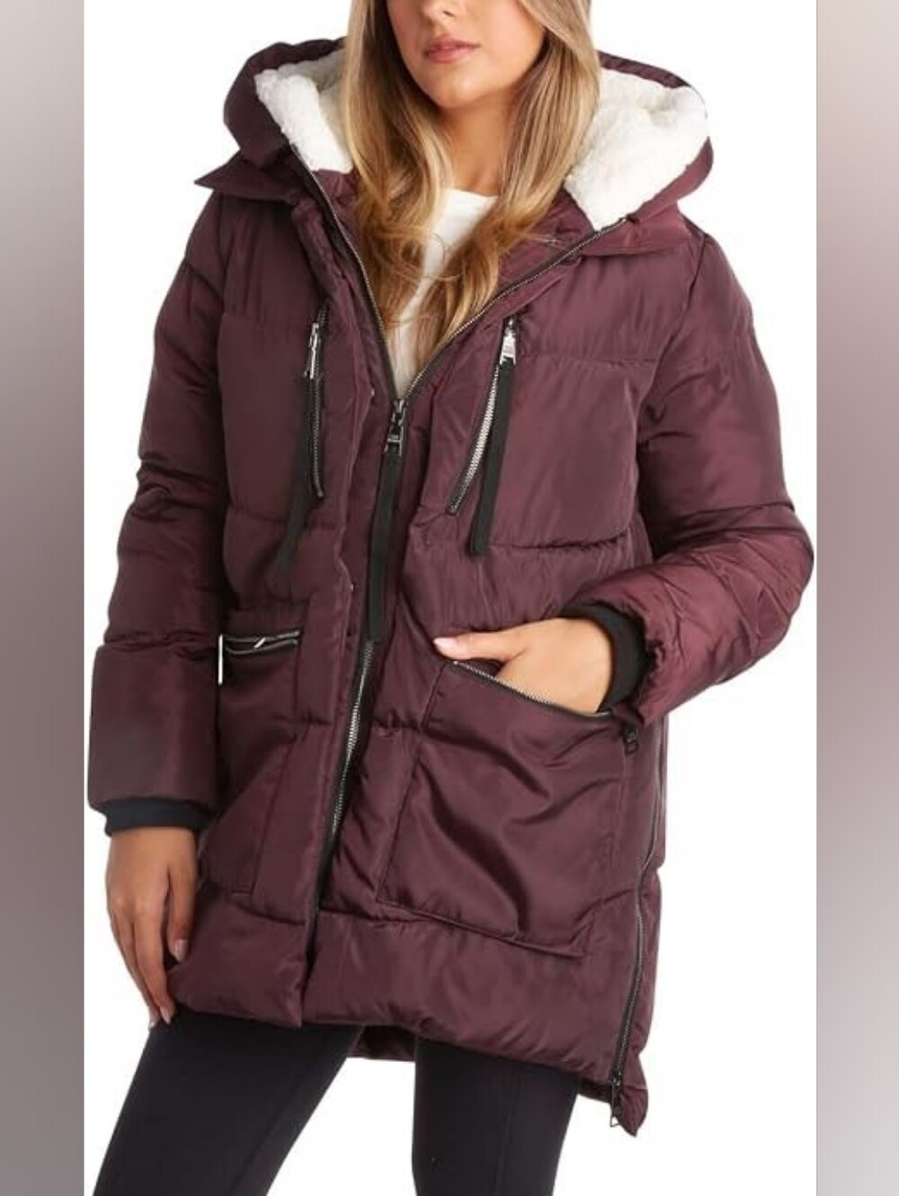 Steve Madden Winter Jacket, Midlength Puffer Parka Coat, Sherpa Hood sz XL